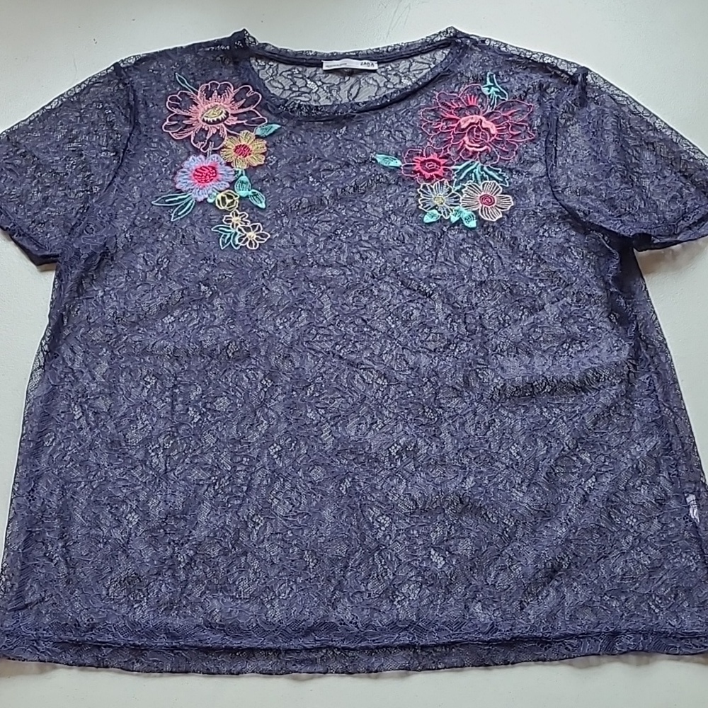 Zara Sheer Embroidered Floral Lace Top Navy Blue - Picture 4 of 8